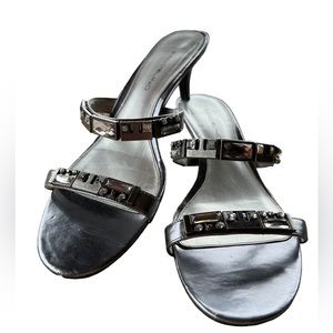 Bandolina Crystal Rhinestone Kitten Heel Sandals in Platinum - Size 9